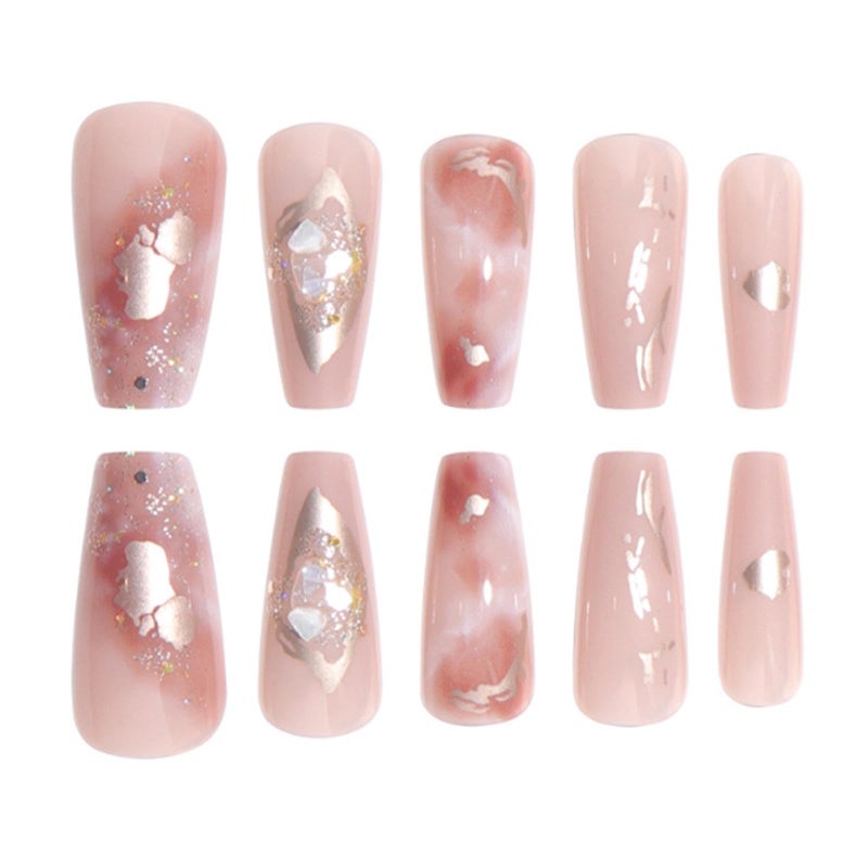 YoYoee Medium Full Cover Nails Tips Luxury Nude False Nails Marble Nails Coffin Press on Nails Gradient Fake Nails for Women and Girls 24PCS - Image 3